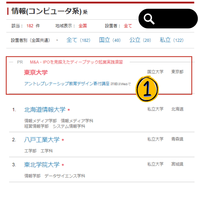 大学検索結果の上部固定表示PRサービス