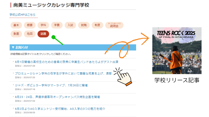 学区最新情報、目次は「話題」から配信
